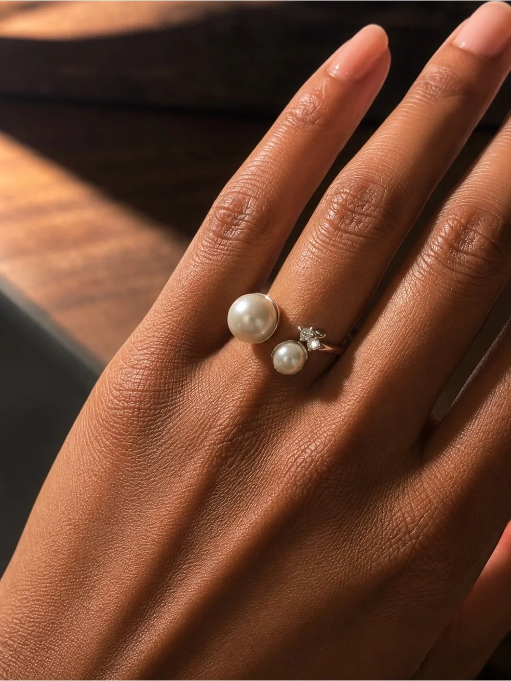 Silver tone Pearl Open Ring adjustable - White Pearls with two zirconia stones